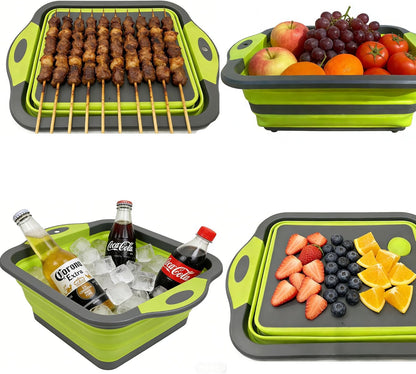 3-in-1 Folding Cutting Boards, Collapsible BBQ Prep Tub with Lid, 9L Container with Strainer, PP+TPR Material Cutting Board, Chopping Board Folds to 1.5Inch Slim for RV, Camping & Small Kitchen