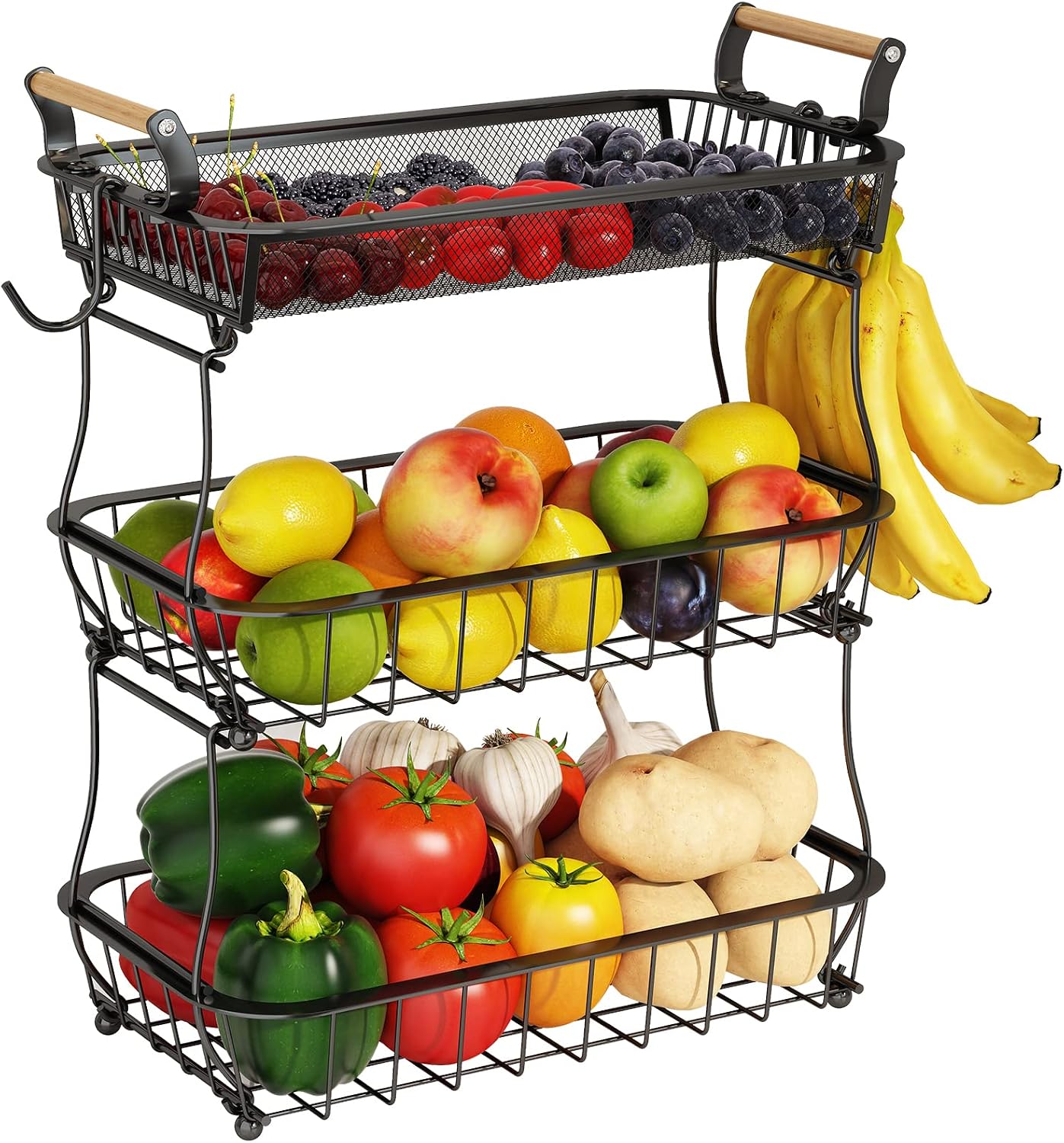 ANTOPY 2 Tier Fruit Basket with 2 Banana Hangers, Countertop Fruit Vegetable Basket Bowl for Kitchen Counter Metal Wire Fruits Storage Stand Holder Organizer for Bread Snack Veggies Produce