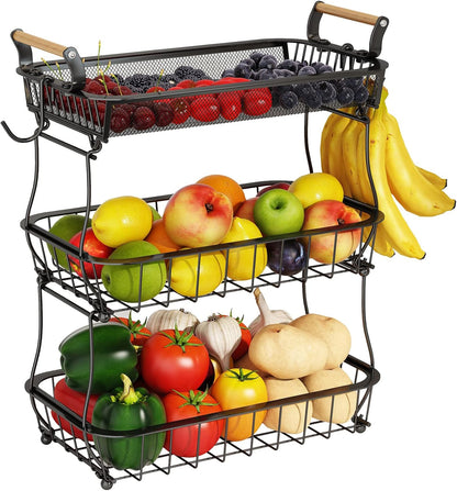 ANTOPY 2 Tier Fruit Basket with 2 Banana Hangers, Countertop Fruit Vegetable Basket Bowl for Kitchen Counter Metal Wire Fruits Storage Stand Holder Organizer for Bread Snack Veggies Produce