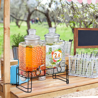 Honeydak 1.5 Gallon Glass Beverage Dispenser with Stand Stainless Steel Spigot Glass Lid Clear Iced Juice Container Leakproof Drink Dispenser Countertop Lemonade Water Jar for Wedding Party (3 Pack)