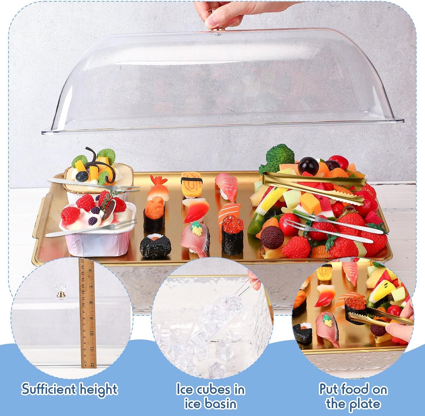 Baderke 1 Set 16" x 9" Chilled Serving Tray for Parties with Compartments and Lid Charcuterie Serving Board Ice Rectangle Chilled Party Platter for Seafood Vegetable Fruit Shrimp Cocktail (Silver)