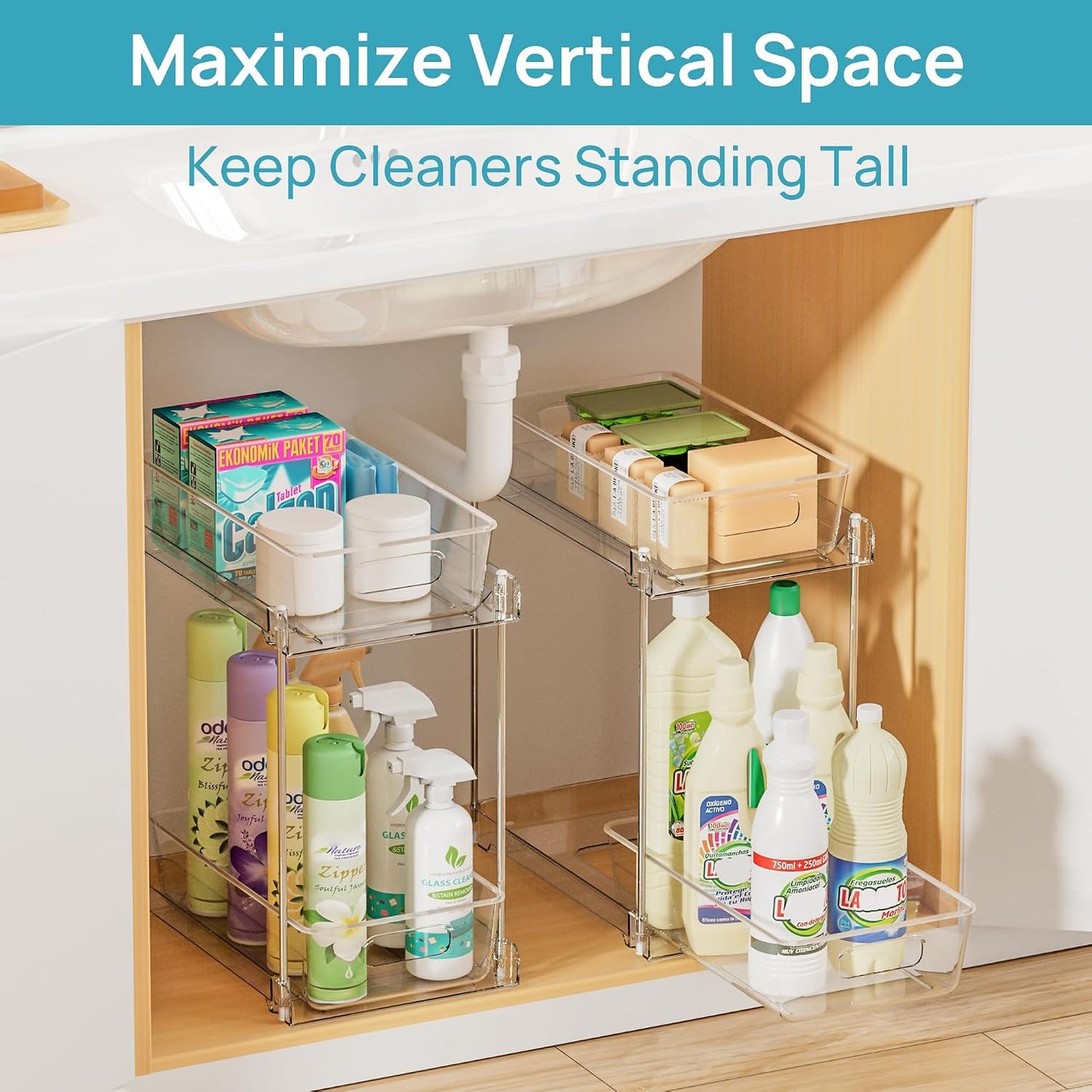 Vtopmart 4 Pack Bathroom Under Sink Organizers Organizer, 2 Tier Clear Pull-Out Organization (S-Standard)