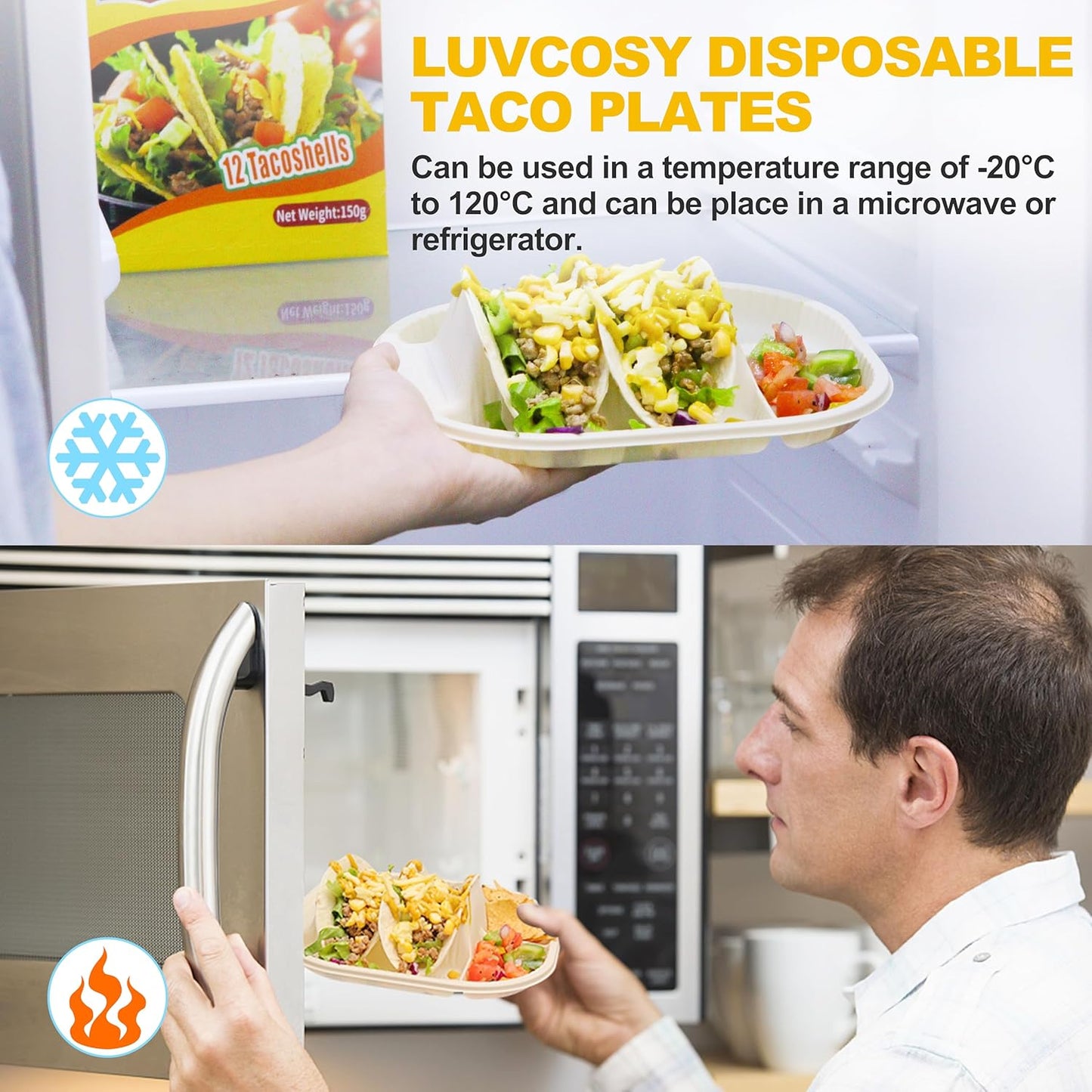 Small Disposable Taco Plates With Dipping Sides - 50 Pack, Biodegradable Cornstarch Taco Holder, Mini Size Fit 4-6 Inch Street Tortilla Shells, Sturdy & Microwave Safe, Bar Serving Set For A Party