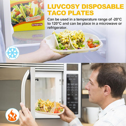 Small Disposable Taco Plates With Dipping Sides - 50 Pack, Biodegradable Cornstarch Taco Holder, Mini Size Fit 4-6 Inch Street Tortilla Shells, Sturdy & Microwave Safe, Bar Serving Set For A Party