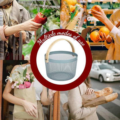 IBWell Bucket-Shape Metal Wire Woven Fruit Storage Bowl Basket with Wooden Handle, Large Black Mesh Fruit Stand, Multi-function Hanging Kitchen Baskets (Blue Grey)