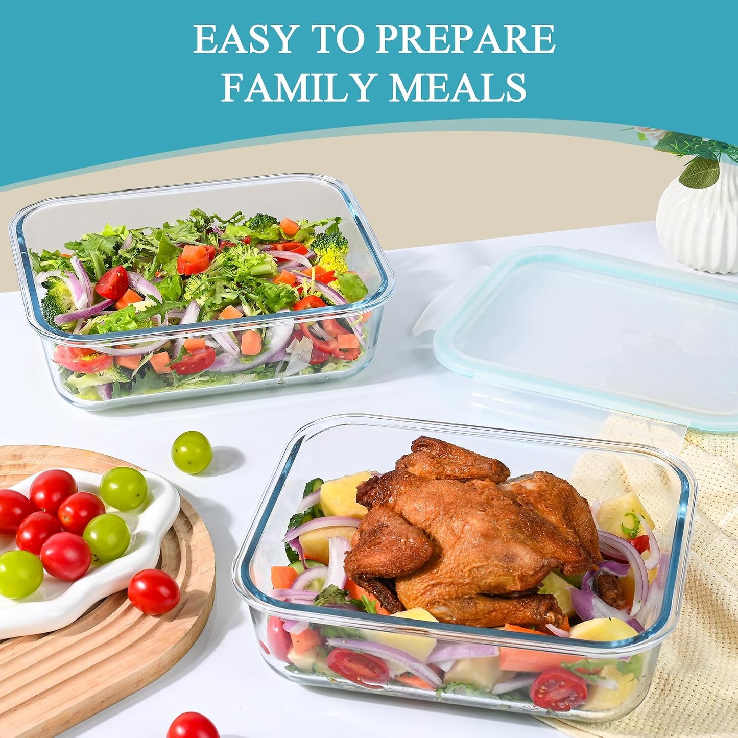 GEHE 9.8 Cup / 78 Oz Large Glass Food Storage Containers with Lids, 2 Pack Glass Meal Prep Containers Set with Airtight Locking Lids - Storing Food, Baking, Leakproof, Freezer, Microwave & Oven Safe