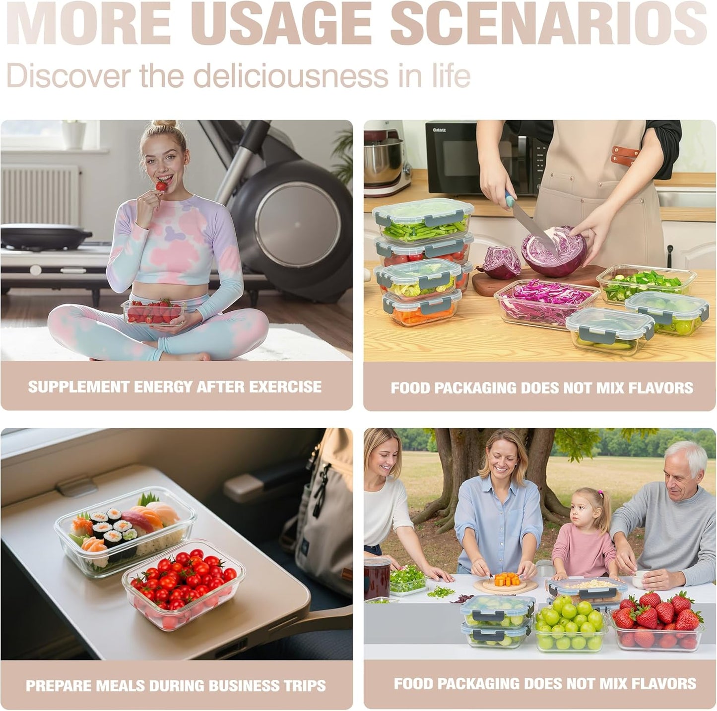 5-Piece Set, 36 oz Glass Meal Prep Containers with Snap-Lock Lids, Airtight Lunch Containers, Microwave, Oven, Refrigerator & Dishwasher Safe,Black
