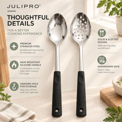 2-Piece Serving Spoons, 11-Inch, Solid & Slotted, Platinum Silicone