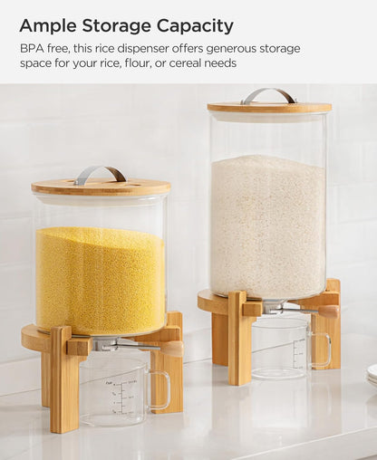 HBlife 5-7 Lbs Glass Rice Dispenser with Wooden Stand Flour and Cereal Container with Glass Measuring Cup Pantry Food Organization Storage Bin with Airtight Bamboo Lid, 3L