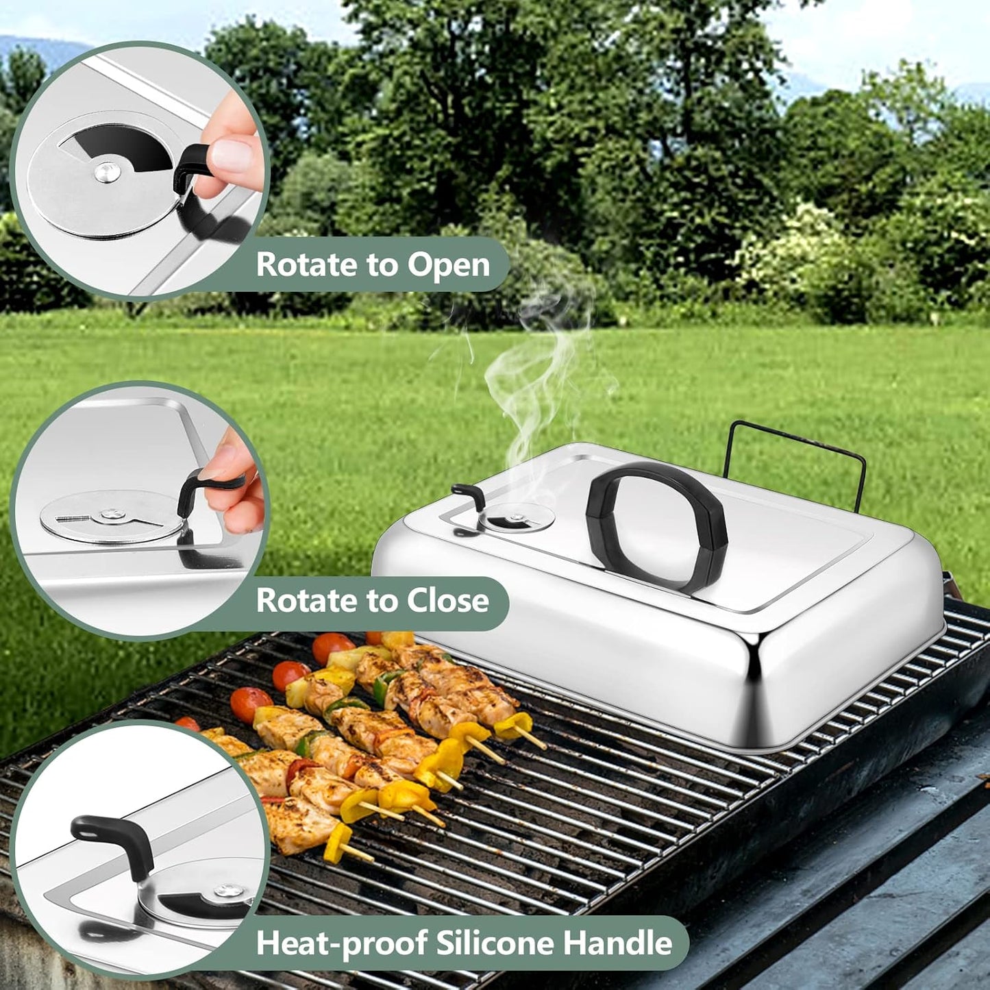 Leonyo 13 x 9 Inch Rectangular Basting Cover Set of 2, Stainless Steel Cheese Melting Dome Lid with Adjustable Vent Heavy Duty for Outdoor&Indoor Flat Top Griddle Accessories Teppanyaki BBQ Grilling
