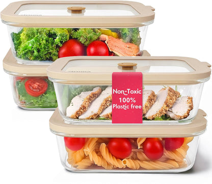 Ziruma Non-Toxic Glass Food Containers with Lids, 4-Pack, 35 oz, Beige | Plastic & BPA free. Glass body, glass lid & platinum silicone seal. Airtight & leakproof. Freezer & microwave safe.