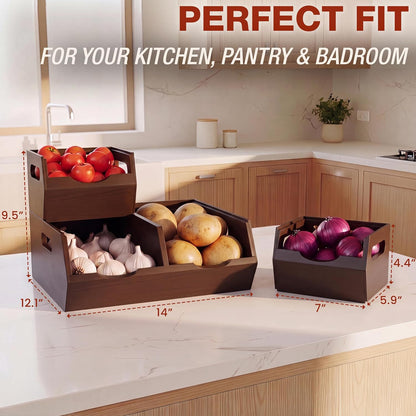 HOMESTEAD Stackable Solid Wood Storage Bins for Kitchen Pantry & Countertop, Ventilated Potato and Onion Basket Organizer with Handles, Wooden Produce Storage Containers, 3-Pack, Chestnut Finish