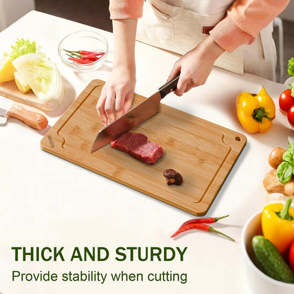 Bamboo Cutting Boards for Kitchen, Wood Cutting Board Set with Juice Grooves & Built-in Handles, Large Medium Small Chopping Board for Meat, Vegetables, Fruit