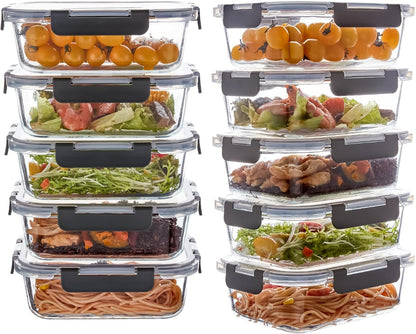 10 Pack 22 oz Glass Meal Prep Containers, Glass Food Storage Containers with Lids, Reusable Airtight Leakproof Lunch Bento Boxes Freezer, Microwave Oven and Dishwasher, Gray