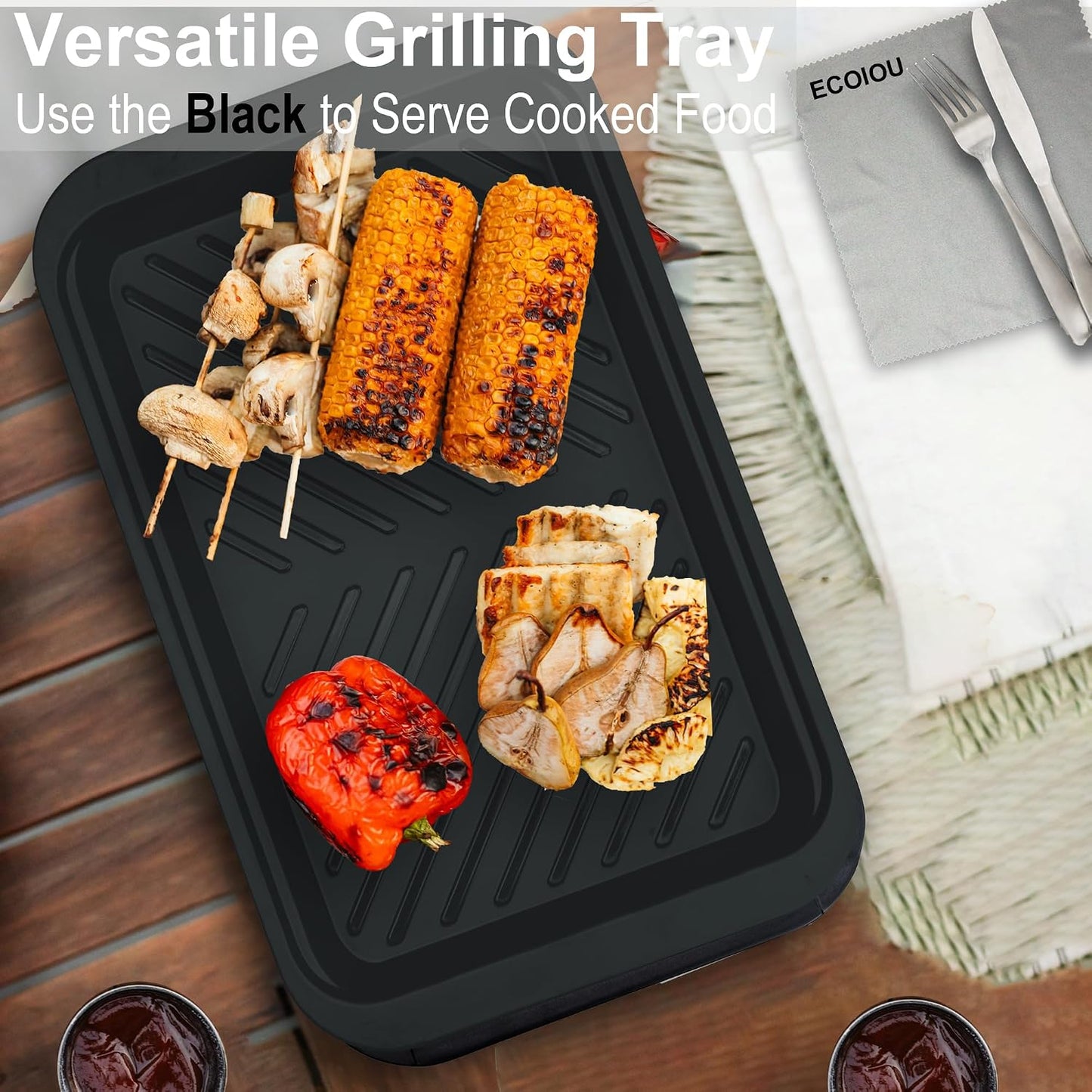 ECOIOU Large Grilling Prep and Serve Trays, 17.3" x 13" BBQ Platters for Raw and Cooked Food, Melamine Serving Trays for Food, Set of 2, Black and Red