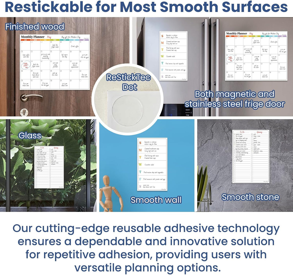 Non-Magnetic Dry Erase List for Fridge - Reusable 8"x11.5" List and Weekly Planning Board Stick to Most Smooth Surfaces - 3 Dry Erase Markers Included
