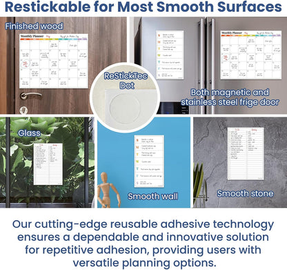 Non-Magnetic Dry Erase List for Fridge - Reusable 8"x11.5" List and Weekly Planning Board Stick to Most Smooth Surfaces - 3 Dry Erase Markers Included