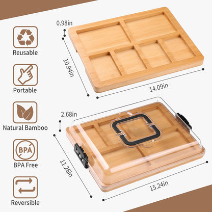 CAWIU Portable Travel Charcuterie Board with Lid and Handle - Large Bamboo Cheese Board with 4 Cheese Knife Set for Outdoor, Picnics - Weddings, House Warming Gift for Women (1 Compartment, White)