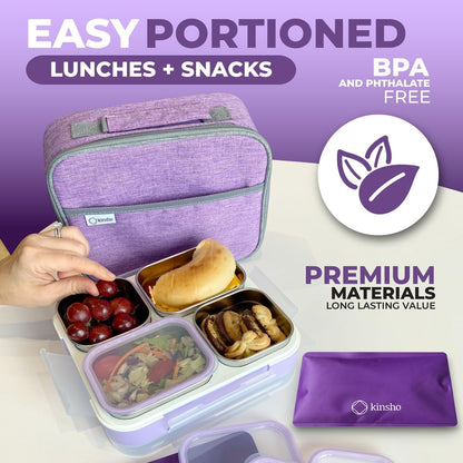 Stainless Steel Bento Lunch Box Set For Adults, Kids - Insulated Bag And Ice Pack - Leak-Proof Metal Compartment Meal Prep Food & Snack Containers For Work Travel School Daycare, 42 Oz Grey Black