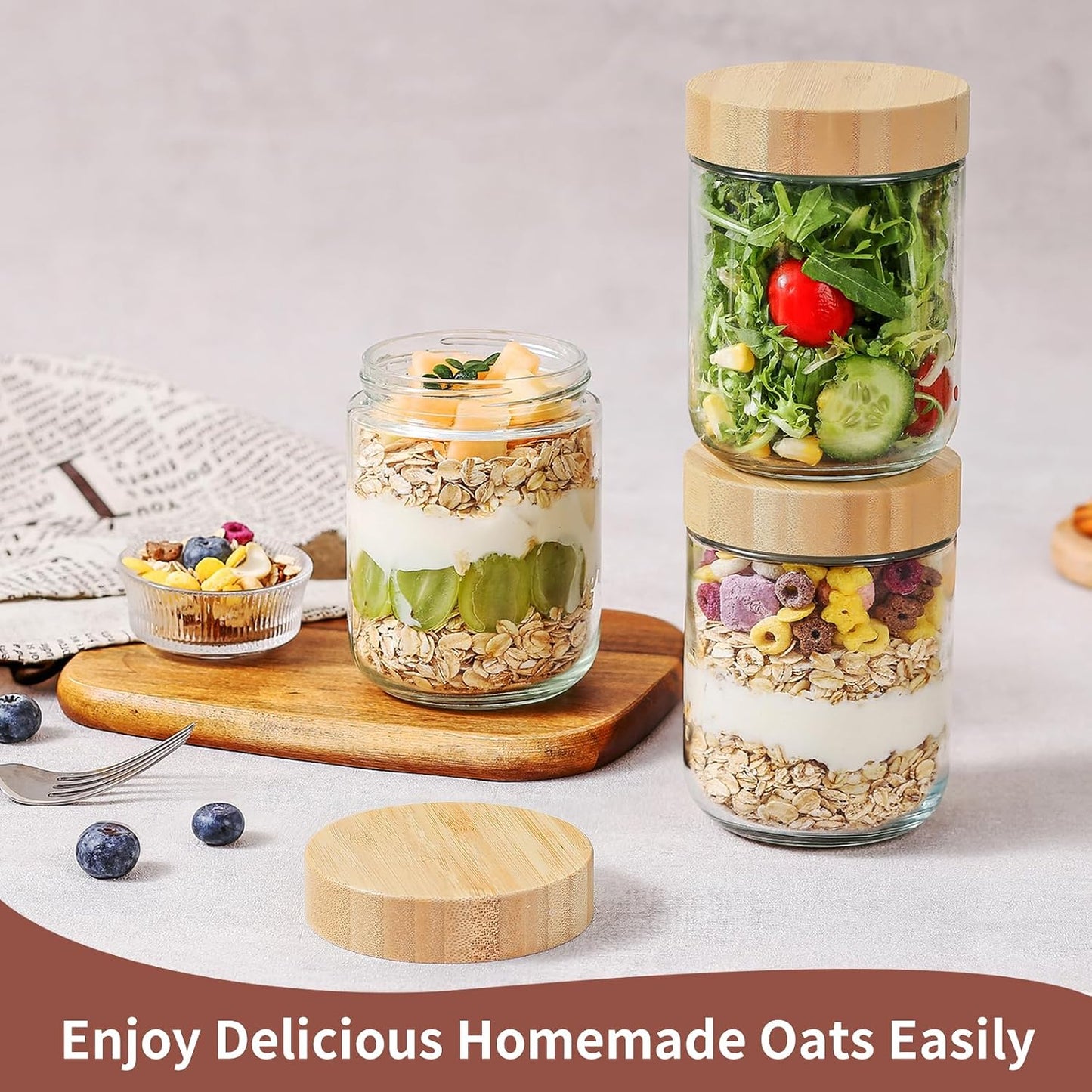 DRKIO 10 Oz Overnight Oats Containers with Bamboo Lids - 4 Pack Glass Storage Jars with Airtight Lids Wide Mouth Mason Food Jars Great for Meal Prep Salad Chia Pudding Snacks Yogurt Sugar Spice