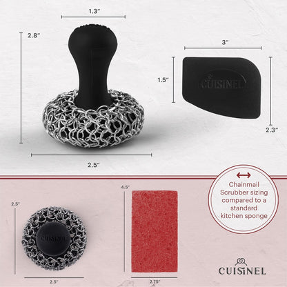 Cuisinel Cast Iron Scrubber Cleaning Brush + Pan/Grill Scraper - Skillet and Grill Cleaner Kit - Soft-Touch Confident-Grip Dish Scrub Tool - Tough on Grease, Gentle on Metal and Non-Stick Cookware