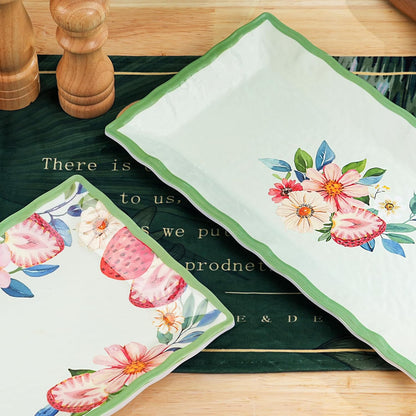2 pcs Melamine Tray Set with Strawberry Design, 19 Inch and 14.5 Inch Large Serving Plates, Unbreakable Dinnerware for RV, Camping, Party, Easy Clean