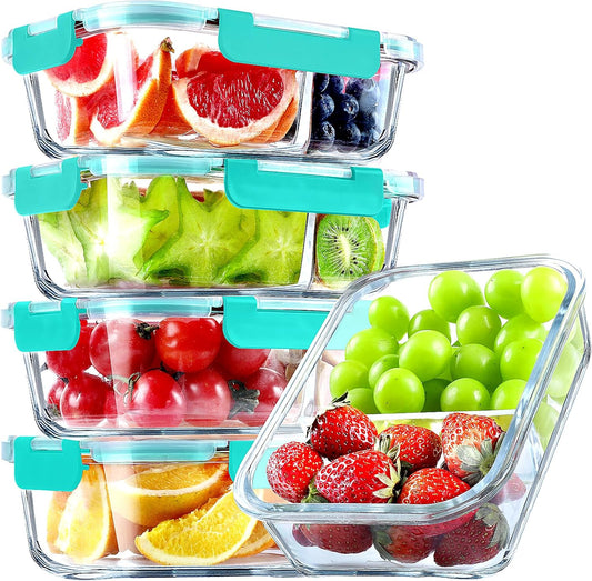 VERONES 5 Pack Glass Meal Prep Containers 2 Compartment Set, 36OZ Airtight Lunch Containers, Glass Food Storage Containers with Lids, for Microwave, Oven, Freezer & Dishwasher Friendly,White