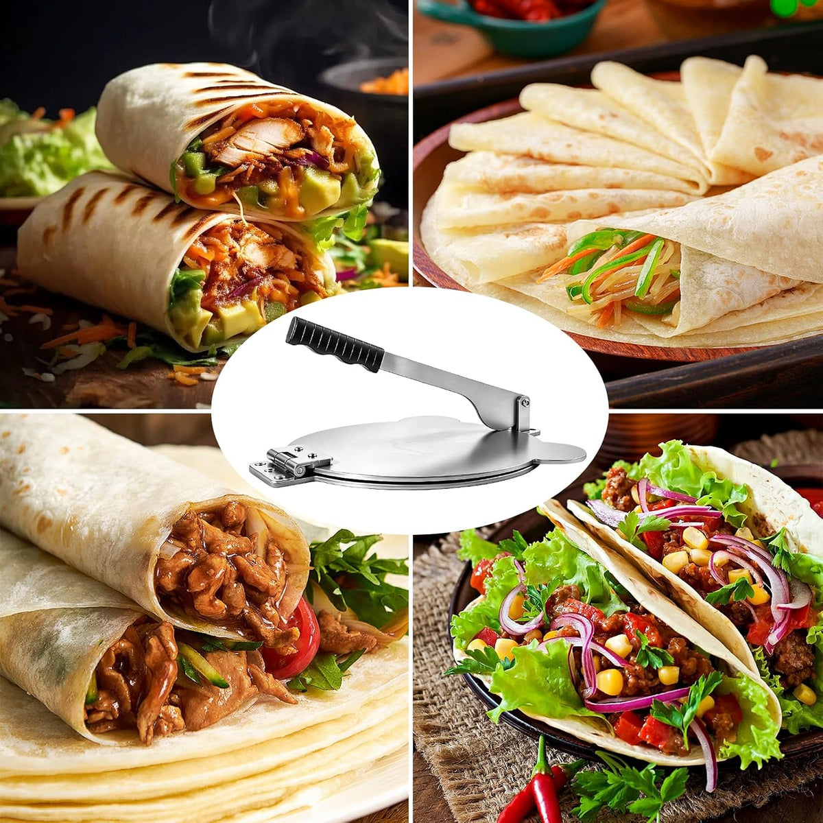 Tortilla Press Stainless Steel，SELERS,Heavy Duty, Adjustable To Press Different Thickness Of Crust, Removable, For Flour Tortilla, Roti, Flatbreads, Taco, Pie, Silver (10.5 inch)
