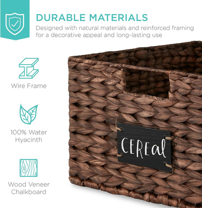 Best Choice Products Set of 4 9x12in Water Hyacinth Pantry Baskets, Woven Organizers w/Chalkboard Label, Chalk Marker - Natural