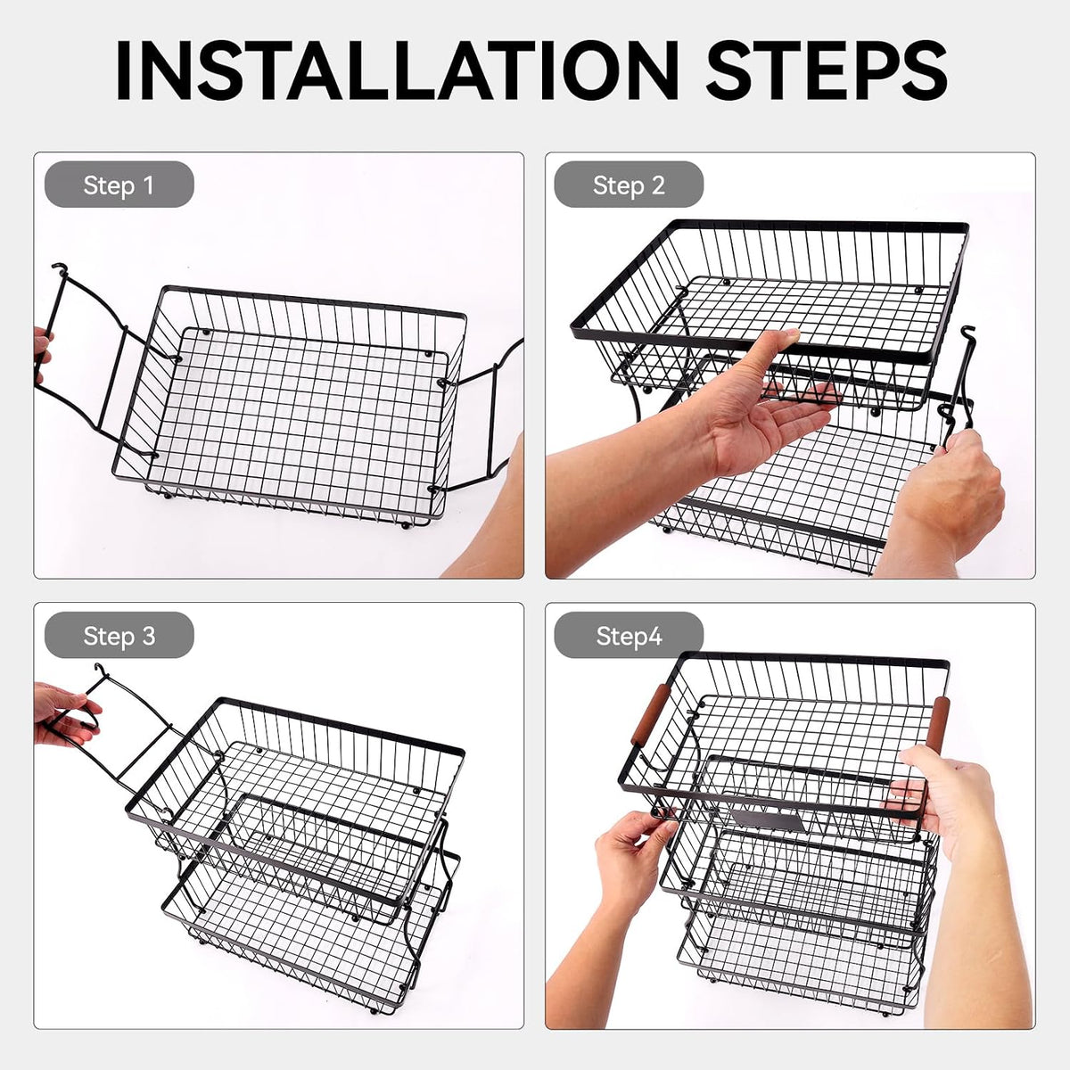 2-Tier Stackable Wire Basket with 2 Banana Hooks, Pantry Organizer for Kitchen Countertops, Cabinets & Under-Sink Spaces; Ideal for Storing Snacks, Fruits, Veggies, Onions, Potatoes, & More,Black