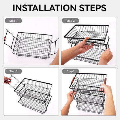 2-Tier Stackable Wire Basket with 2 Banana Hooks, Pantry Organizer for Kitchen Countertops, Cabinets & Under-Sink Spaces; Ideal for Storing Snacks, Fruits, Veggies, Onions, Potatoes, & More,Black
