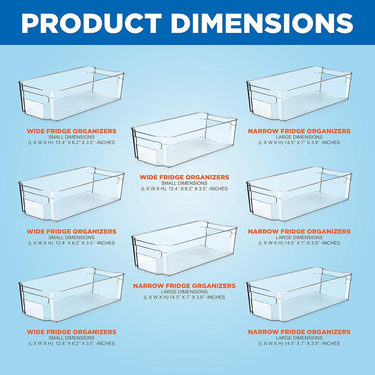 NutriChef Refrigerator Organizer Bins 6-Piece - Plastic Storage Bins with Egg Holder - For Fridge, Freezer, Kitchen, Cabinet, Countertops, Pantry - Stackable Food & Drink Containers, 14.5"x7" - Clear