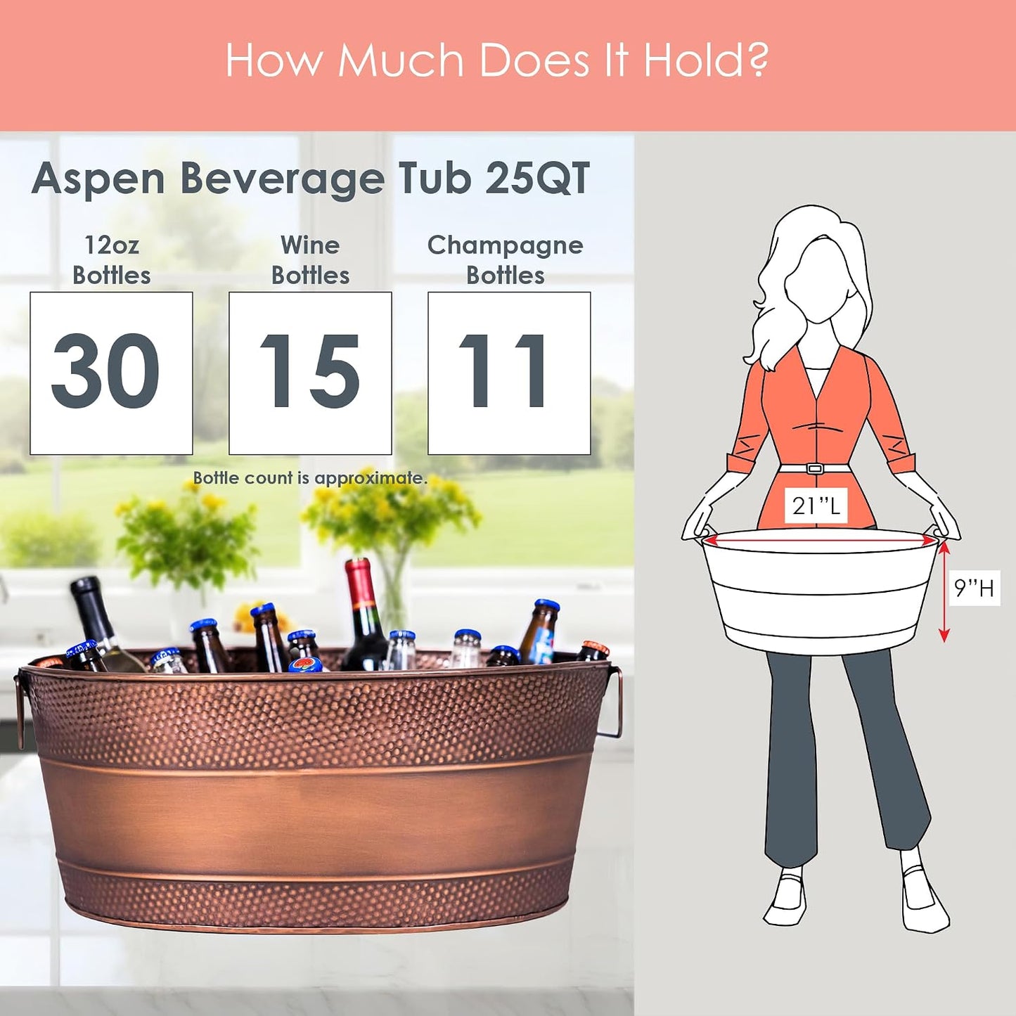BREKX Aspen Heavy-Duty Oval Stainless Steel Drink Cooler for Parties - Metal Large Ice Bucket for Drinks, 25-Quart (30-Bottle) Large Cooler Ice Container for Parties