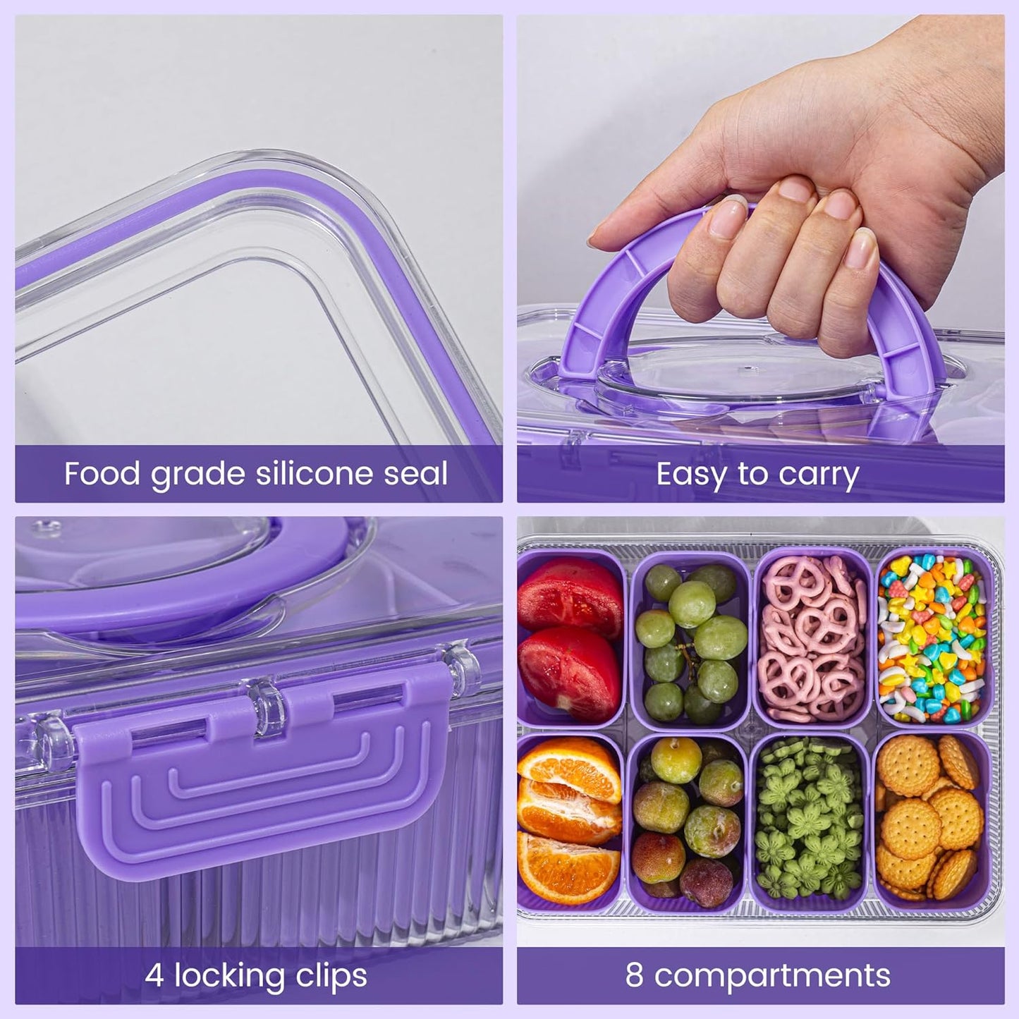 Patent Divided Serving Tray with Lid & Handle - Snackle Box Organizer for Charcuterie, Sandwiches, Veggies, Fruits, Candy - Portable Food Storage for Travel, Beach, Picnics（1 pcs, Orange）