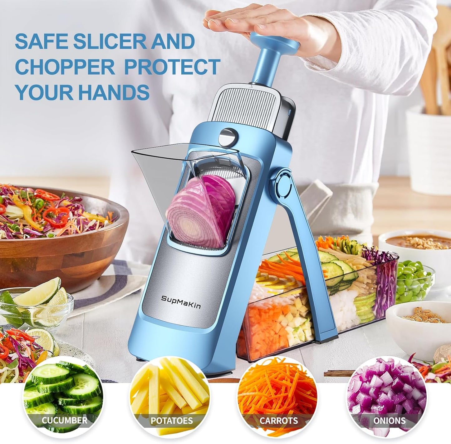 SupMaKin Upgrade Safe Mandoline Slicer Plus, Vegetable Chopper, Potato Slicer, Food Slicer Onion Chopper, Fry Cutter, Veggie Salad Dicer Kitchen Chopping Artifact Gifts (Blue)