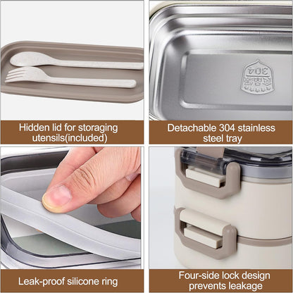 Stainless Steel Bento Box for Adults&Kids,Japanese Leakproof Lunch Box Divided Food Meal Storage Containers Set Stackable 2 Layer for Children School Picnic Beige