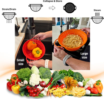 Silicone Colander, Collapsible Colander, Kitchen Food Strainer, Colander with Handles, Foldable Colander, Space-Saving Design, Heat resistant, 2 pack