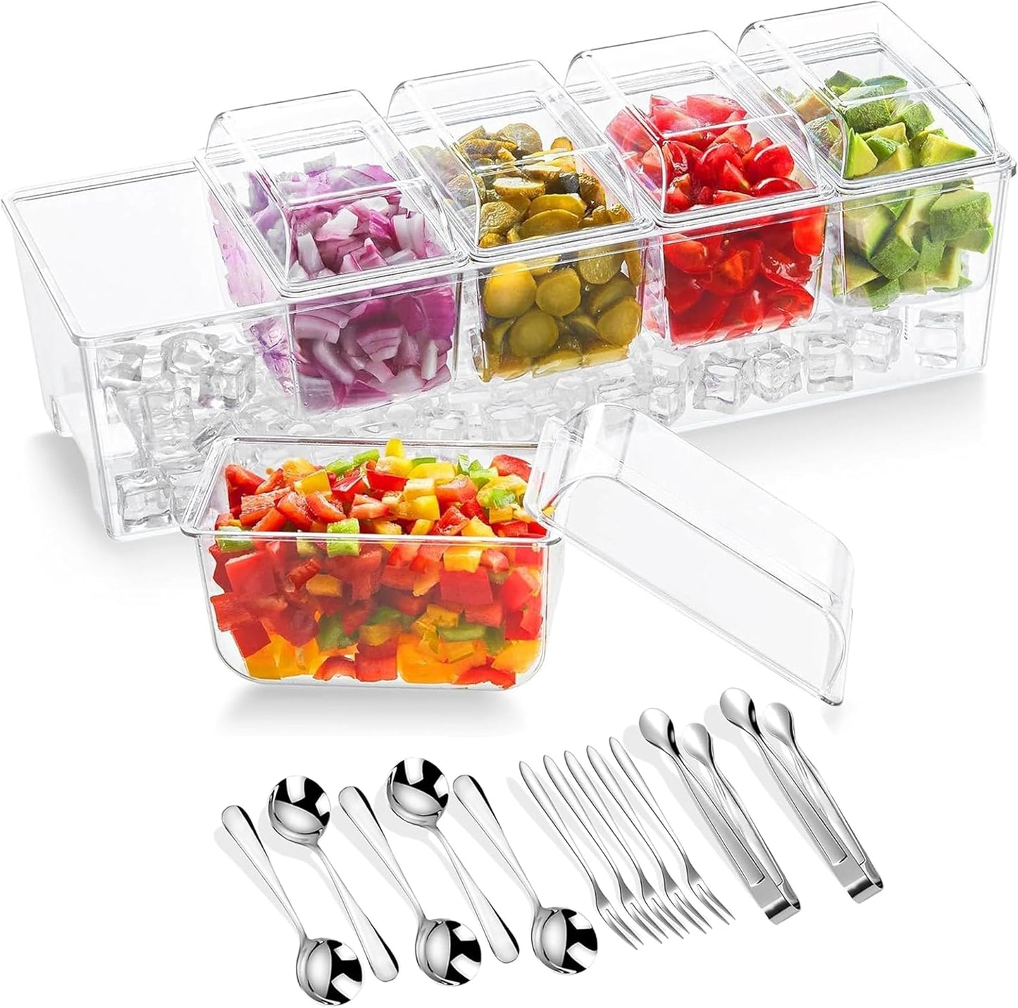 𝐋𝐚𝐫𝐠𝐞 Ice Chilled Condiment Server Caddy with 5 Removable Compartments (2.5 Cup), Clear Garnish Tray with Lids – Fruit, Salad, Taco, Bar Platter – Free Stainless Steel Accesories