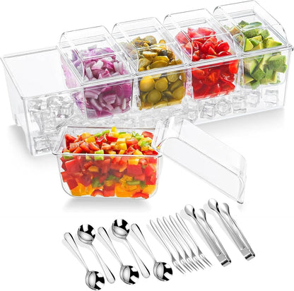 𝐋𝐚𝐫𝐠𝐞 Ice Chilled Condiment Server Caddy with 5 Removable Compartments (2.5 Cup), Clear Garnish Tray with Lids – Fruit, Salad, Taco, Bar Platter – Free Stainless Steel Accesories