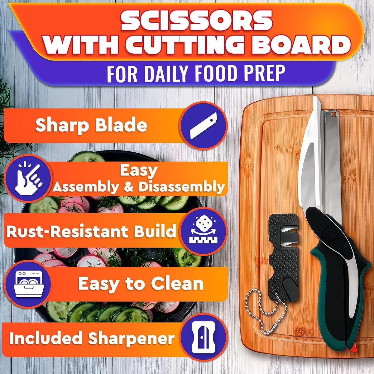 2 in 1 Kitchen Scissors for Food with Knife Sharpener (Grey)