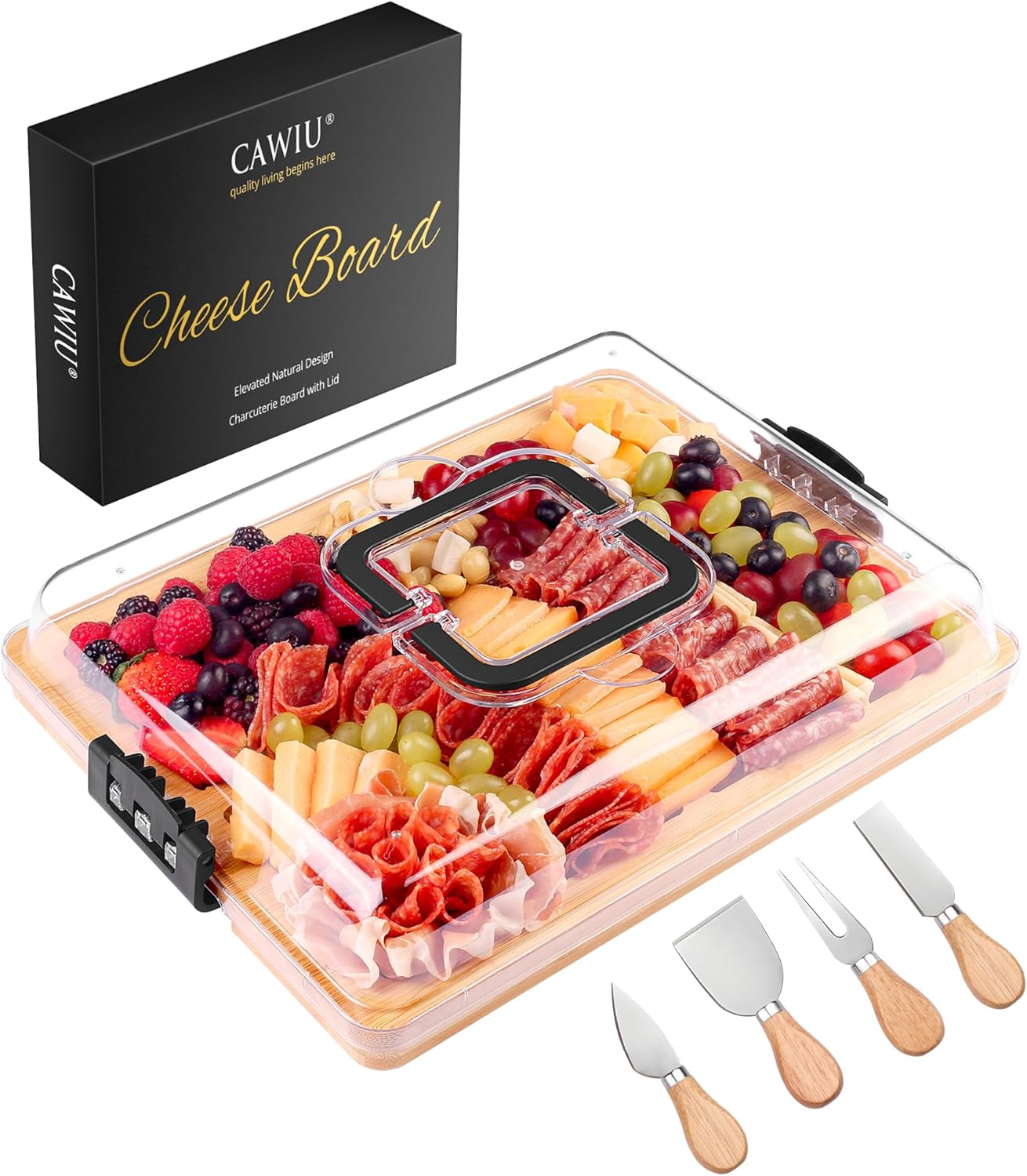 CAWIU Portable Travel Charcuterie Board with Lid and Handle - Large Bamboo Cheese Board with 4 Cheese Knife Set for Outdoor, Picnics - Weddings, House Warming Gift for Women (1 Compartment, White)