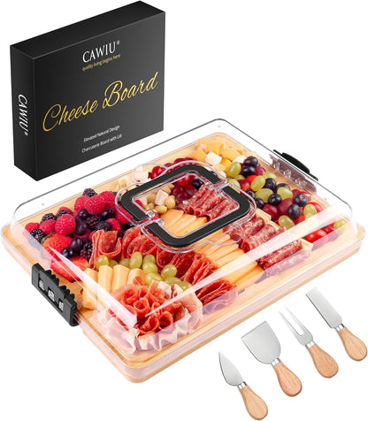CAWIU Portable Travel Charcuterie Board with Lid and Handle - Large Bamboo Cheese Board with 4 Cheese Knife Set for Outdoor, Picnics - Weddings, House Warming Gift for Women (1 Compartment, White)