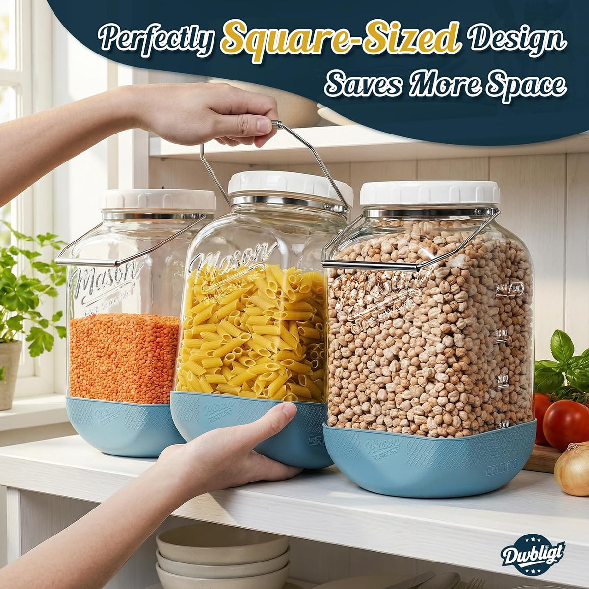 2 Pack 1.5 Gallon Large Glass Jar with Airtight Lid, Wide Mouth Glass Flour Sugar Storage Containers with Scale Marks for Pantry Organizers, Glass Canisters with Heavy-duty Handles & Non-slip Bases