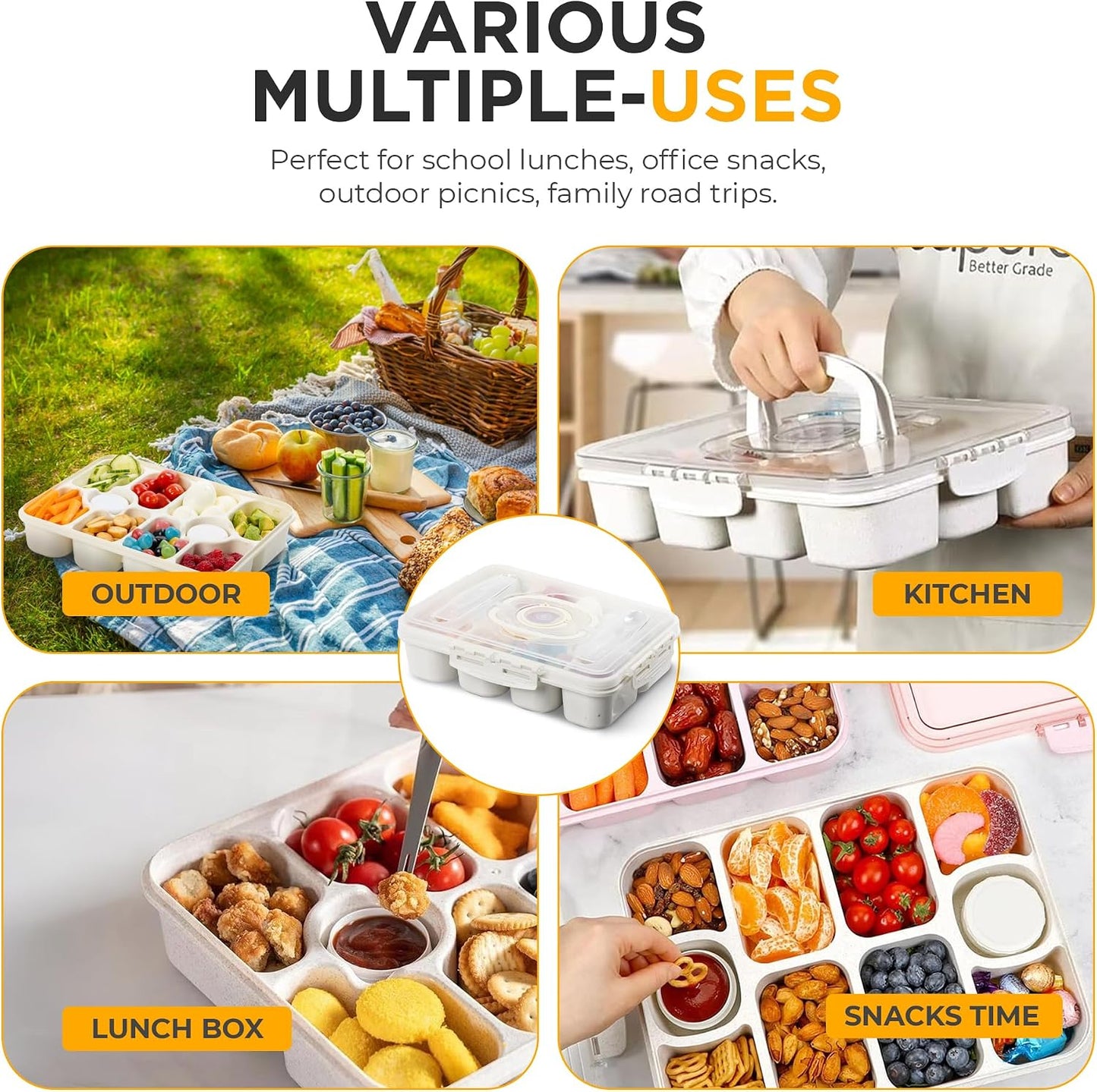 Snackle Box Container with Multi Compartments & Rotary Date Dial - Divided Serving Tray with Lid & Handle -Snack Organizer for Travel, veggies, Nut, fruit, Picnic & party - Dishwasher &Microwave safe
