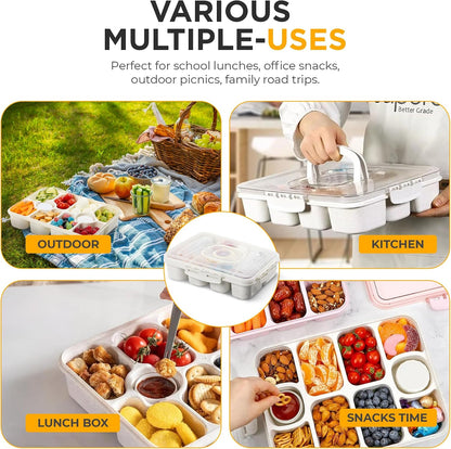 Snackle Box Container with Multi Compartments & Rotary Date Dial - Divided Serving Tray with Lid & Handle -Snack Organizer for Travel, veggies, Nut, fruit, Picnic & party - Dishwasher &Microwave safe
