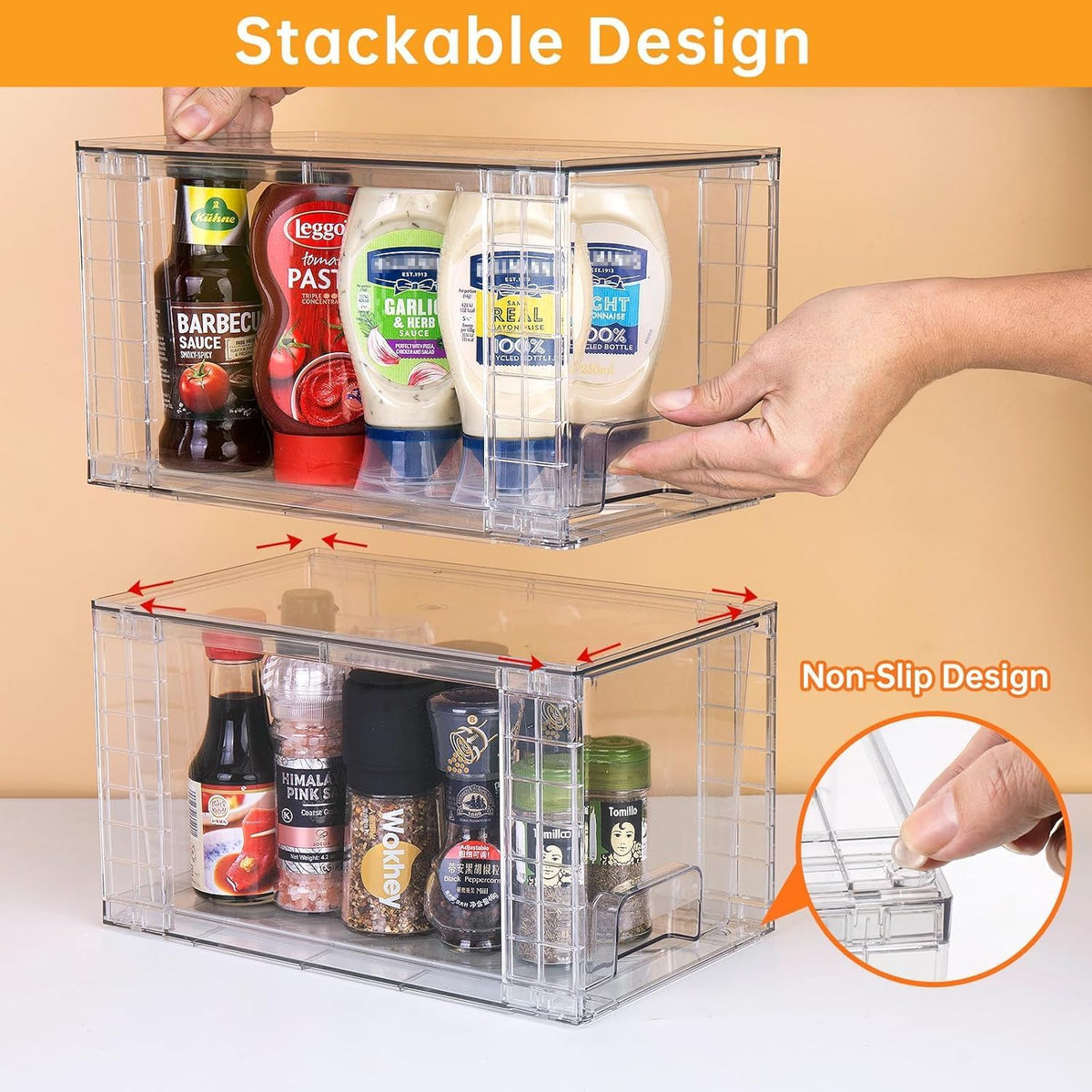4Pack Large Stackable Kitchen Storage Drawers, Clear Foods Organizer Bins with Handles, Easily Assemble for Bathroom, Kitchen, Pantry, Cabinet, Closet(XL-UP Handle)