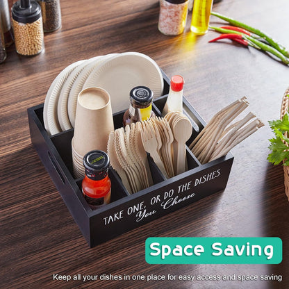 ALELION Acacia Wood Utensil Holder for Party - Paper Plate Organizer for Countertop - Silverware Caddy with 6 Compartments for Plate, Cup, Fork, Spoon - Cutlery Holder for Kitchen Camping Buffet