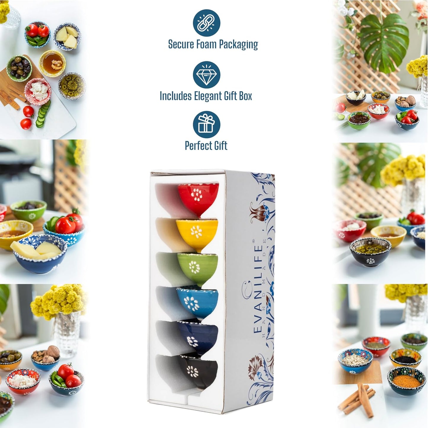 Ceramic Small Dipping Bowls Set of 6, 3.5 Oz Soy Sauce Dish, Handmade Charcuterie, Colorful Pinch, Dishwasher & Microwave Safe, 3.2'' Mini (SULTAN'S GARDEN)