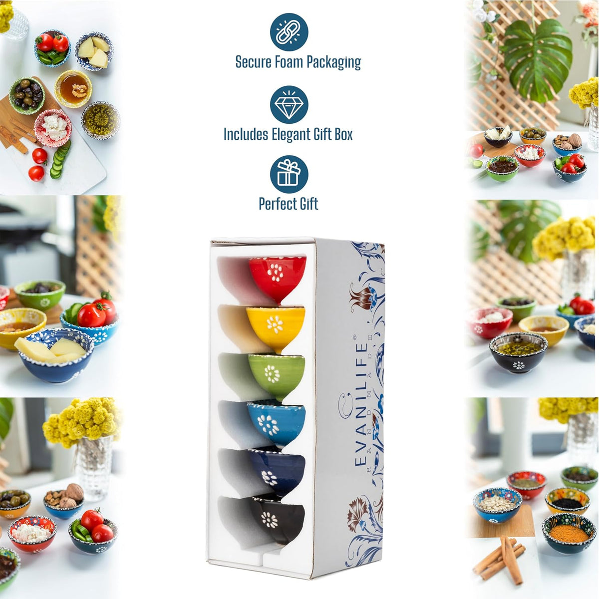 Ceramic Small Dipping Bowls Set of 6, 3.5 Oz Soy Sauce Dish, Handmade Charcuterie, Colorful Pinch, Dishwasher & Microwave Safe, 3.2'' Mini (SULTAN'S GARDEN)