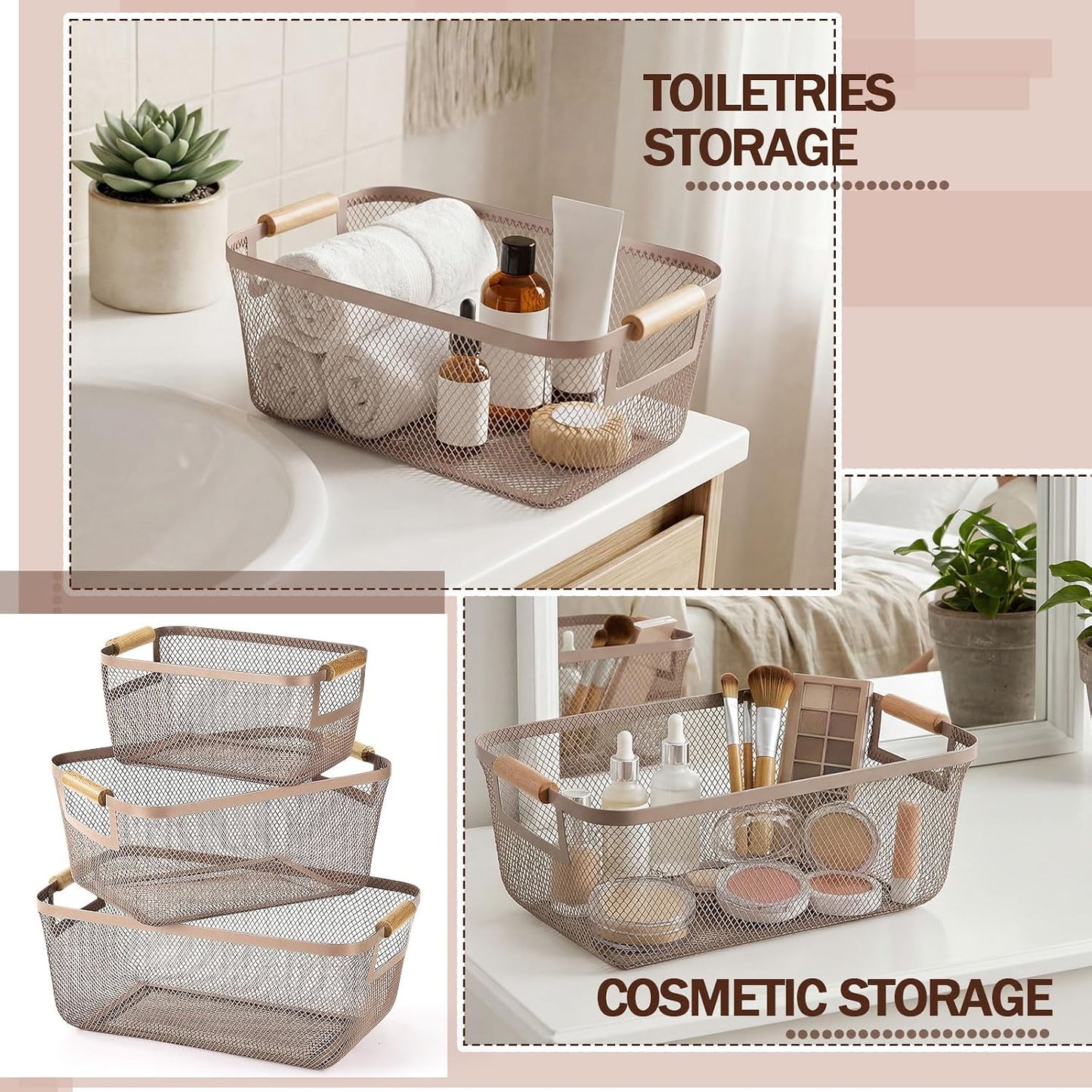 Mumufy 3 Pcs Metal Mesh Basket with Wooden Handles Wire Steel Organizer Bins Pantry Organizers Kitchen Baskets for Closet Cabinet Bathroom Fridge Food Snacks Organization (Warm Tapue,3 Sizes)